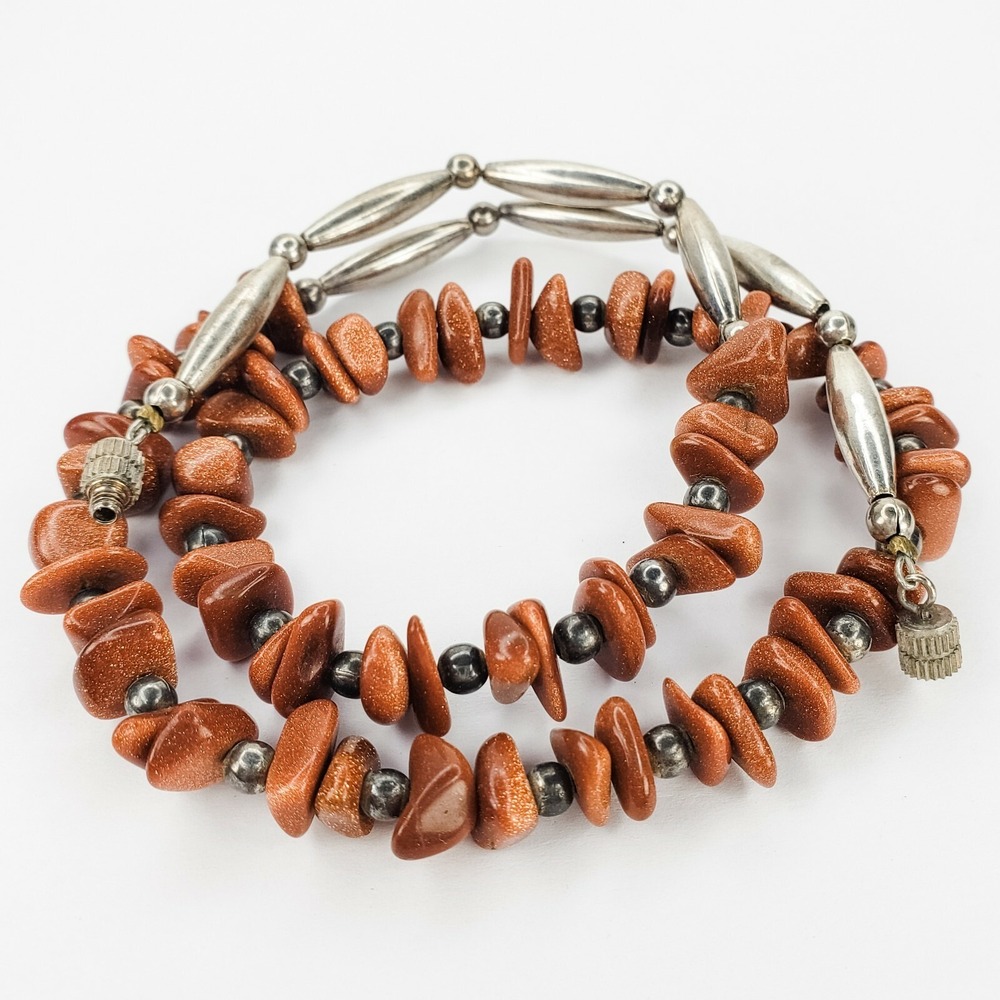 Vintage Southwestern Goldstone Necklace Silver Tone Beads 20.75‎ Inches Long